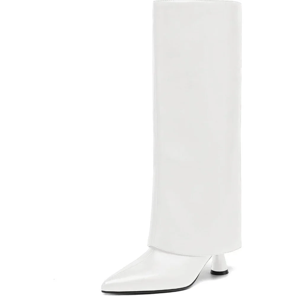Women's White Leather Slouchy Knee High Pointed Toe Folded Shark Stylish Boot